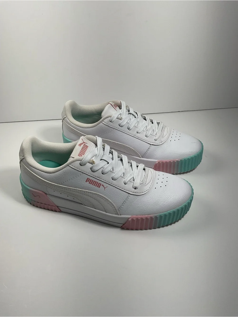 Puma Carina 2.0 White Pink Mint Leather Sneakers Women’s Size 8 Casual Shoes